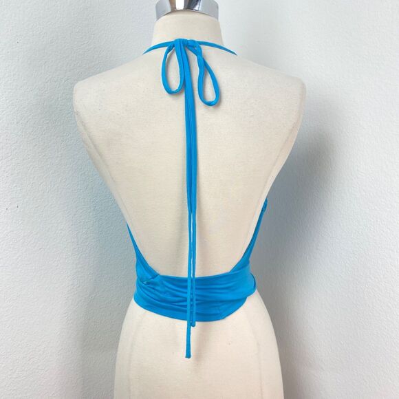 Peacock Blue Wrap Jersey Knit Halter Top Sm/Med Backless Boho Gypsy Coquette - Picture 6 of 8